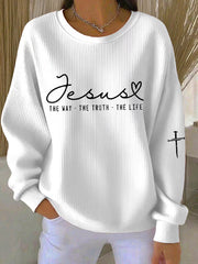 Women'S The Way The Truth The Life Cross Ribbed Round-Neck Sweatshirt