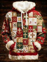 Men's Christmas Cross Print Casual Fur Collar Top