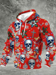 Men's Vintage Christmas Skull Checkered Cotton Hoodie
