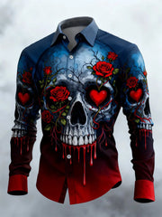 Men's Retro Valentines Day Skull Long-Sleeved Shirt