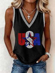 Women's USA Inspired Rhinestone Pattern V-Neck Tank Top