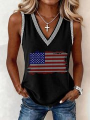 Women's American Flag Rhinestone Pattern V-Neck Tank Top