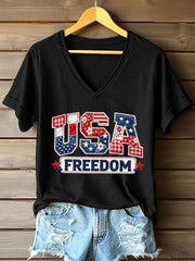 Women's USA Embroidery Pattern V-Neck T-Shirt