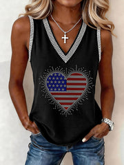 Women's American Flag Heart Rhinestone Pattern V-Neck Tank Top