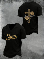 Men's Christian Cross Printed V-neck T-shirt