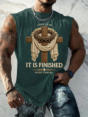 Men's He Is Risen It’s Finished Jesus Christian Cross Print Casual Tank Top