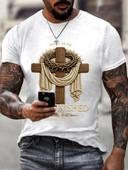 Men's He Is Risen It’s Finished Jesus Christian Cross Print Casual Tee
