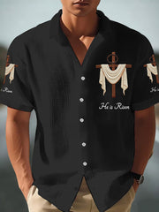 Men's He Is Risen Jesus Christian Cross Print Short-Sleeve Waffle Shirt