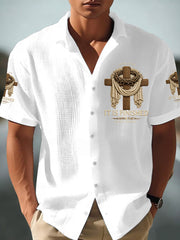 Men's He Is Risen It’s Finished Jesus Christian Cross Print Short-Sleeve Waffle Shirt