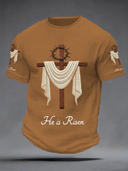 Men's He Is Risen Jesus Christian Cross Print Waffle Tee