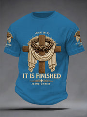 Men's Men's He Is Risen It’s Finished Jesus Christian Cross Print Waffle Short Sleeve Tee