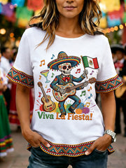 Women's Viva La Fiesta! Skull Print Casual Ruffle Sleeve Tee