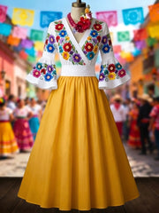Women's Mexican Ethnic Floral Print Flared-Sleeve Dress