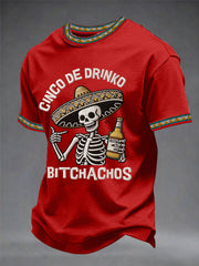Men's Funny Cinco De Drinko Bitchachos Skeleton Print Casual Tee