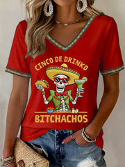 Women's Funny Cinco De Mayo Bitchachos Skull Print V-Neck Tee