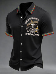 Men's Funny Cinco De Drinko Bitchachos Skeleton Print Casual Short Sleeve Shirt