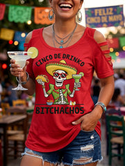 Women's Funny Cinco De Drinko Bitchachos Skeleton Print Casual Top