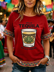 Women's Funny HELLO TEQUILA MY OLD FRIEND Cinco De Mayo Print Casual Ruffle Sleeve Tee