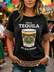 Women's Funny HELLO TEQUILA MY OLD FRIEND Cinco De Mayo Print Casual Ruffle Sleeve Tee