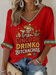 Women's Funny Cinco De Drinko Bitchachos Skeleton Print Casual Waffle Top