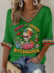 Women's Funny Cinco De Drinko Bitchachos Skeleton Print Casual Waffle Top
