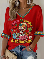 Women's Funny Cinco De Drinko Bitchachos Skeleton Print Casual Waffle Top
