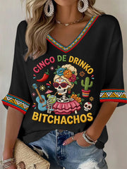 Women's Funny Cinco De Drinko Bitchachos Skeleton Print Casual Waffle Top