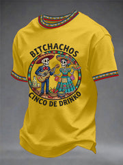 Men's Funny Cinco De Drinko Bitchachos Skeleton Print Casual Tee