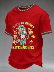 Men's Funny Cinco De Drinko Bitchachos Skeleton Print Casual Short-Sleeve T-shirt