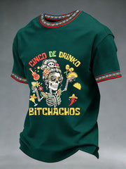 Men's Funny Cinco De Drinko Bitchachos Skeleton Print Casual Short-Sleeve T-shirt