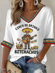 Women's Funny Cinco De Drinko Bitchachos Skeleton Print Casual Waffle Top