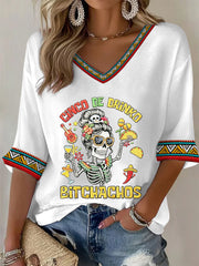 Women's Funny Cinco De Drinko Bitchachos Skeleton Print Casual Waffle T-shirt