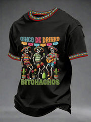 Men's Funny Cinco De Drinko Bitchachos Skeleton Print Casual Short-Sleeve T-shirt