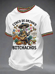 Men's Funny Cinco De Drinko Bitchachos Skeleton Print Casual Tee