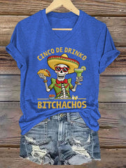 Women's Funny Cinco De Mayo Bitchachos Skull Print Tee