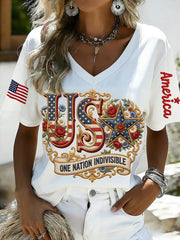 Women's America Floral Printed V-neck T-shirt