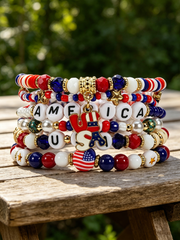 American Independence Day Bracelet Red Whiteand Blue Flag Beaded Bracelet