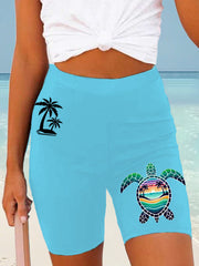 Women's Beach Vacation Sea Turtle Palm Tree Silhouette Print Casual Short Leggings
