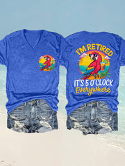 Women's I'm Retired It's 5 O'clock Everywhere Parrot Print Casual V-Neck Tee