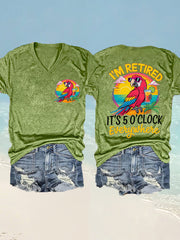 Women's I'm Retired It's 5 O'clock Everywhere Parrot Print Casual V-Neck Tee