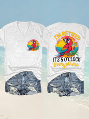 Women's I'm Retired It's 5 O'clock Everywhere Parrot Print Casual V-Neck Tee