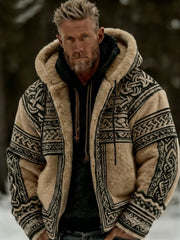 Men's Viking Celtic Art Plush Cozy Warm Zipped Hooded Flannel Jacket