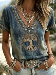 Women's Vintage Viking Tree of Life Celtic Print Dyed linen short-sleeved T-shirt