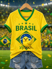 Women's Brasil Canarinho Print Gift For Football Fans Casual V-Neck Tee