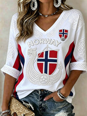 Women's Norway Football Viking Ship Celtic Knot Flag Print Mid-length Sleeves V-Neck T-Shirt