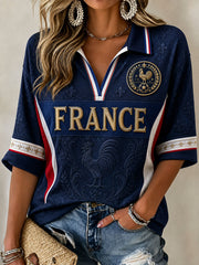 Women's France Football Mid-length Sleeves V-Neck T-Shirt