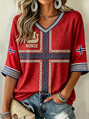 Women's Norway Viking Inspired Pattern Flag Print Mid-length Sleeves V-Neck T-Shirt