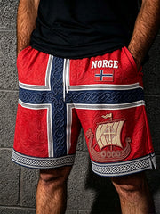 Men's Norway Viking Ship Art Celtic Flag Print Casual Drawstring Shorts