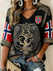 Women's Norway Viking Ravens Tree of Life Celtic Knot Flag Print Mid-length Sleeves V-Neck T-Shirt