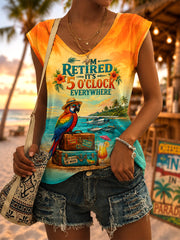 Women's I'm Retired It's 5 O'clock Everywhere Parrot Print Casual V-Neck Vest